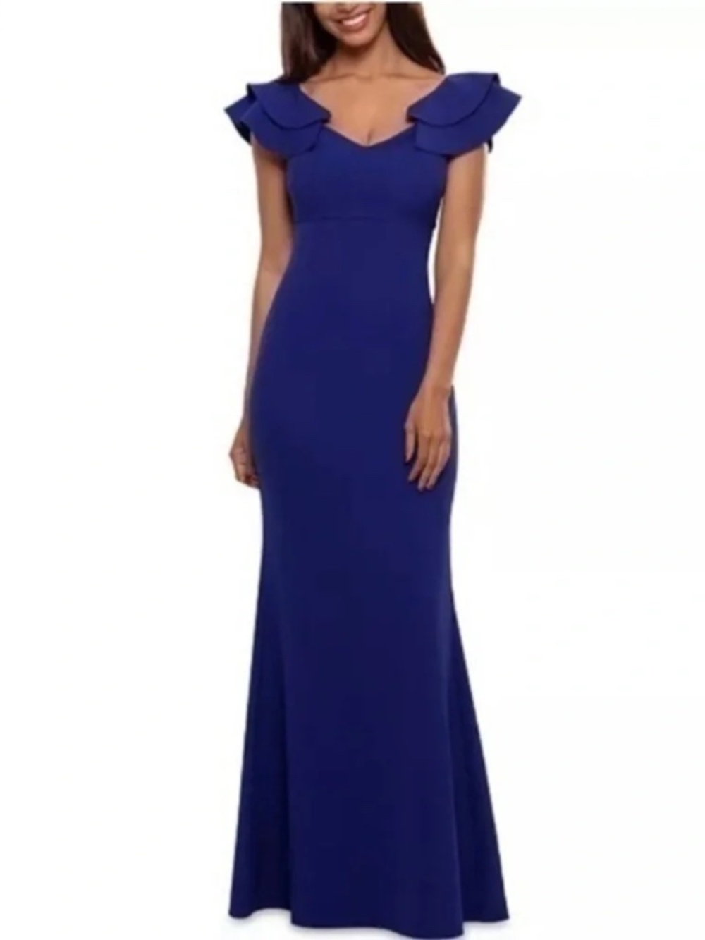Betsy & Adam Ruffled-Strap Gown in Marine Blue - size 6